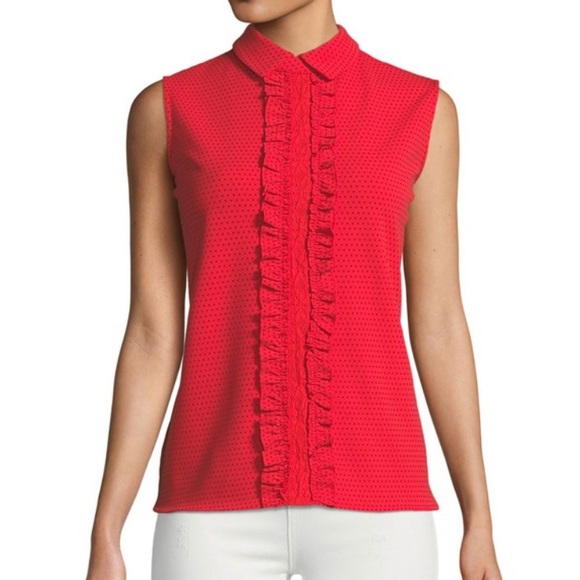 Karl Lagerfeld Tops - Karl Lagerfield Paris Ruffle Front Collared Top Lace Blouse Red Polka Do…